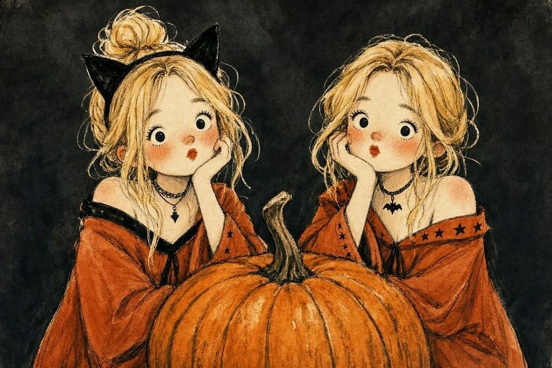 Cute illustrated blonde girls in Halloween costumes posed with a large orange pumpkin against a dark backdrop