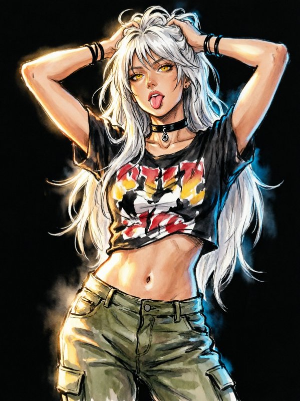 Edgy anime girl with long flowing white hair sticks her tongue out while holding her hands on her...