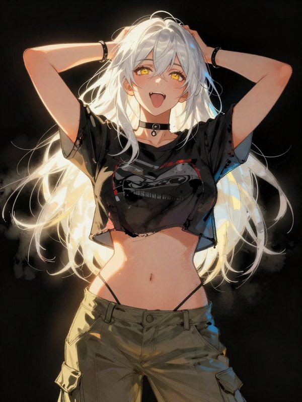 Smiling anime girl with long white hair and golden yellow eyes poses with hands behind her head