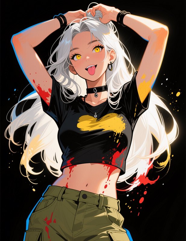 Edgy anime girl with long white hair sticks her tongue out while tying her hair against a dark background