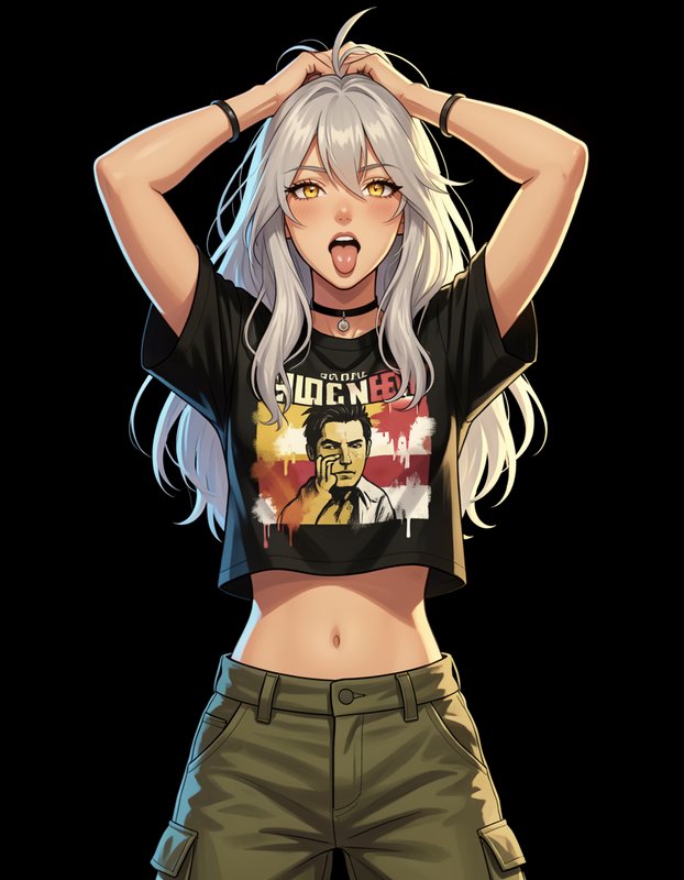 Anime girl with long silver hair sticks out her tongue, hands resting on her head against a solid black background.