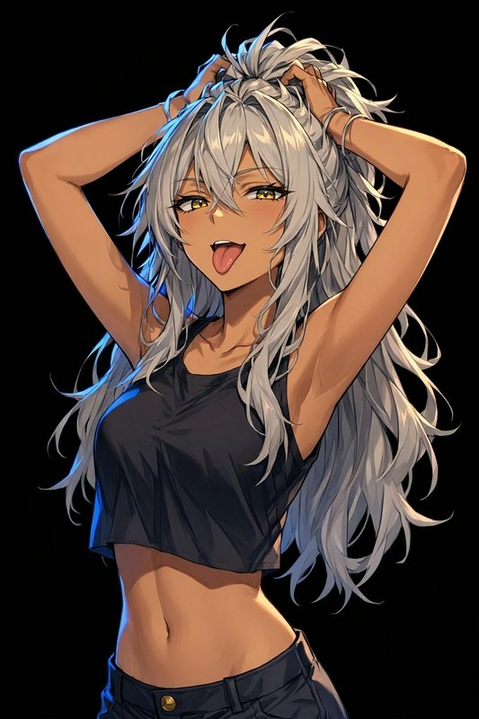 Tanned anime girl with long silver hair holds her hair up while sticking her tongue out playfully