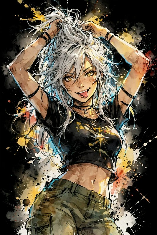 Cheeky silver haired anime girl tying her hair up while sticking out her tongue against a paint splatter background