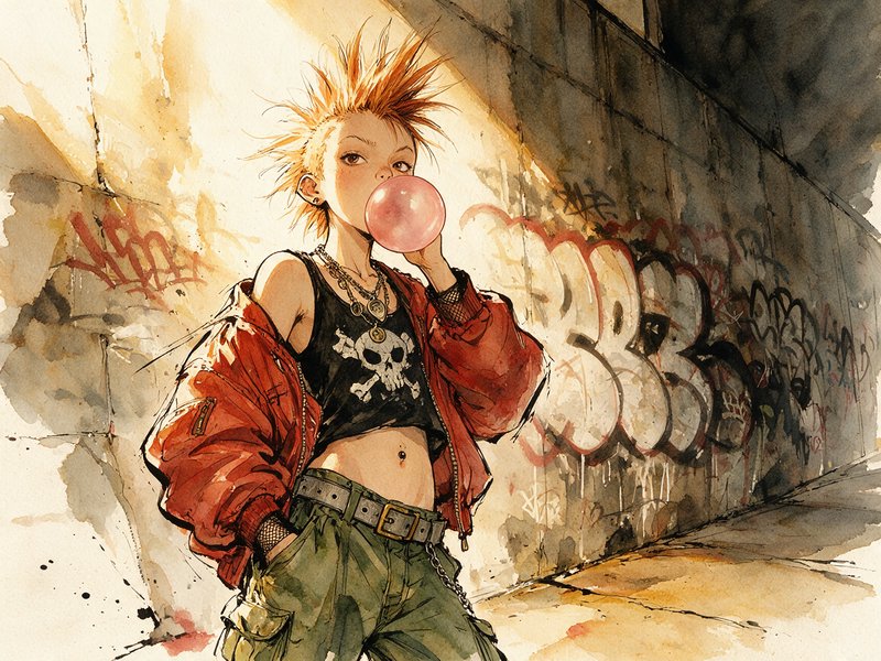 Orange spiky haired punk character blows pink bubblegum in a graffiti covered urban alley