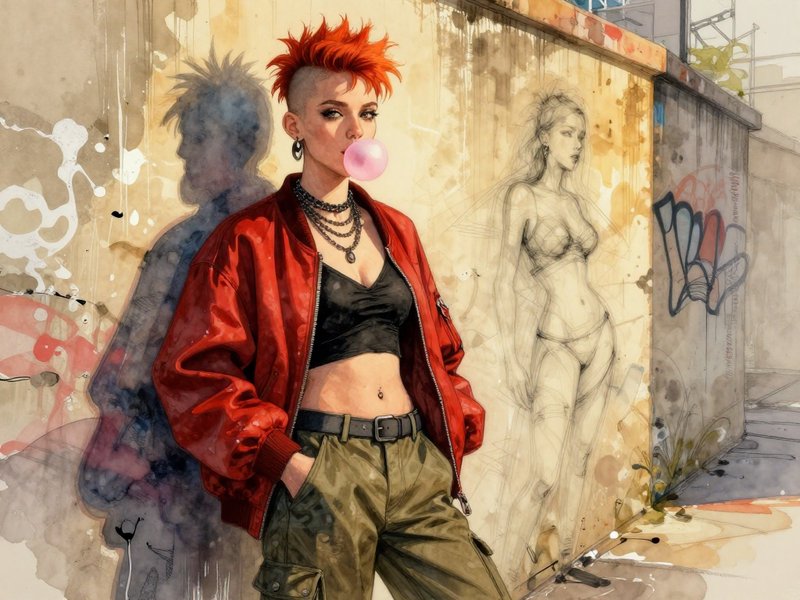 Red mohawk punk woman blowing pink bubblegum while leaning against a graffiti covered urban wall