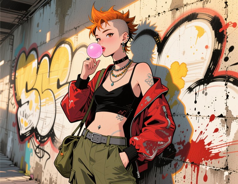 Punk anime girl with spiked orange mohawk blowing pink bubblegum against a graffiti covered alley wall