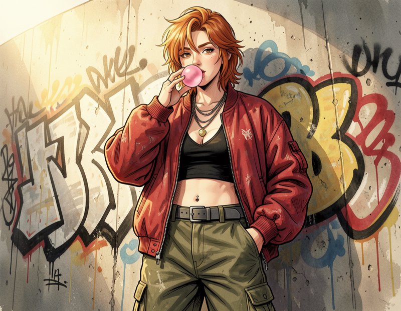 Red-haired woman blowing pink bubble gum against a graffiti-covered urban concrete wall