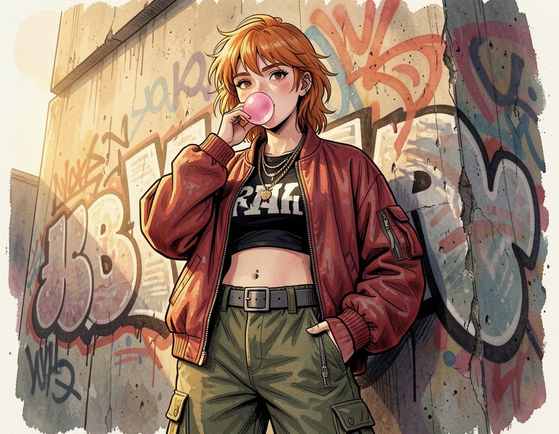 Red haired streetwear anime girl blowing pink bubblegum against a graffiti covered concrete wall