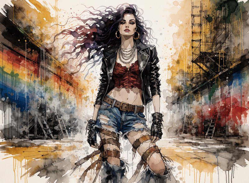 Edgy punk woman in biker attire stands confidently in a graffiti-lined urban alley, watercolor illustration