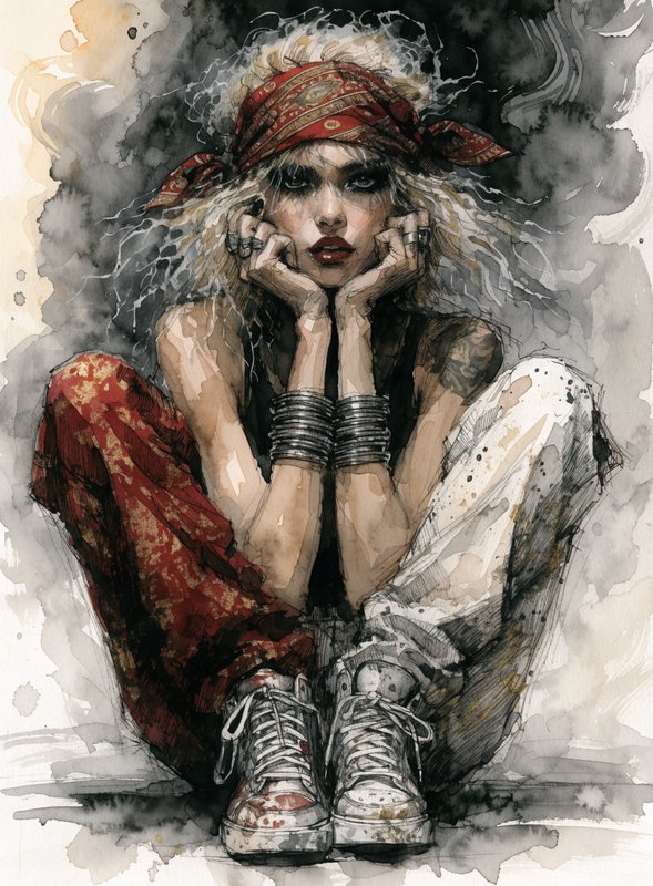 Mixed media watercolor portrait of a grunge woman propping her chin on her hands while seated