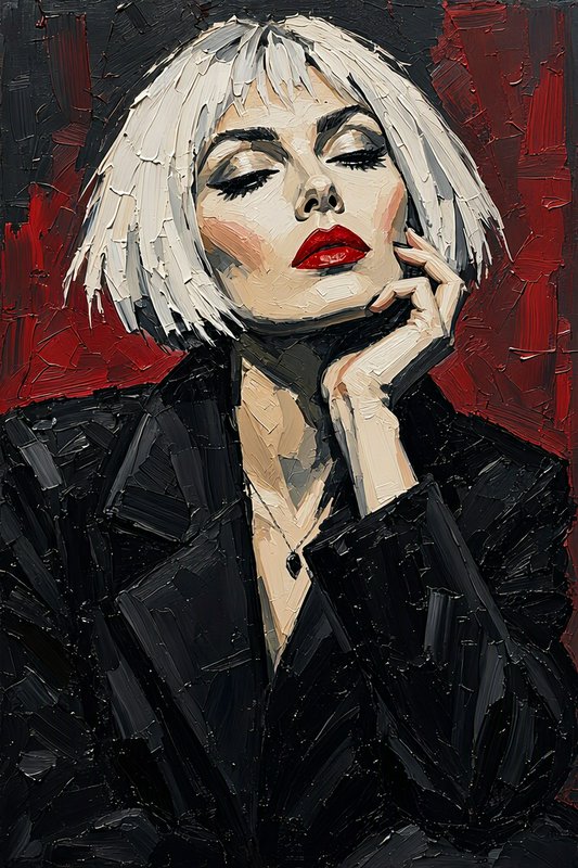 Thick impasto portrait of a platinum blonde woman with bright red lips resting her chin on her hand