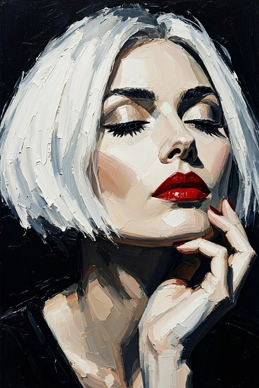 Thick impasto oil portrait of a platinum blonde woman with closed eyes and bold red lipstick