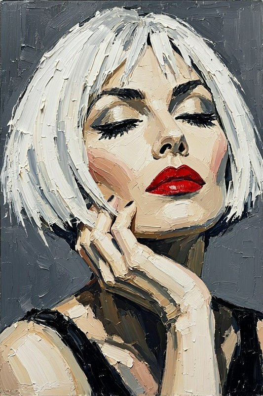 Thick impasto oil portrait of a platinum blonde woman with bright red lips resting her hand on her cheek, eyes closed.