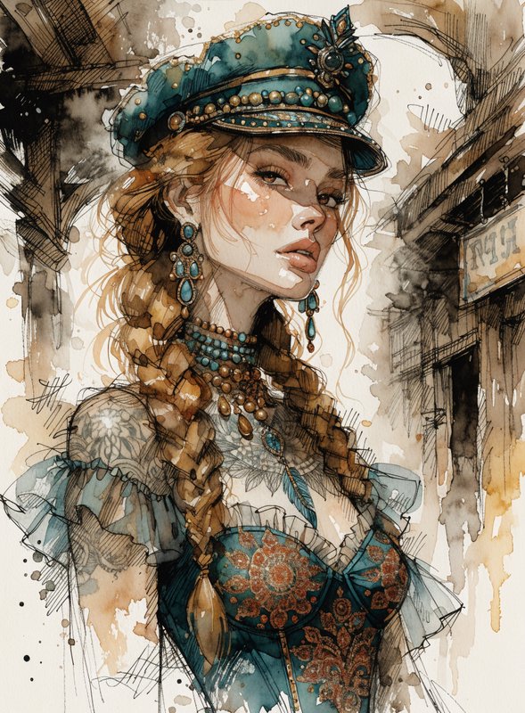 Elegant steampunk woman in an ornate teal cap stands against a sketched old town street backdrop