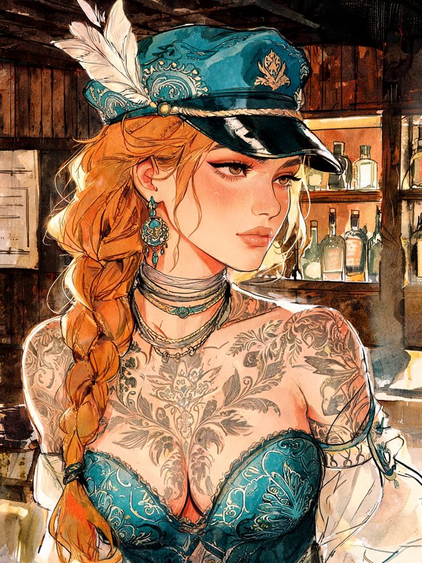 Tattooed red-haired pirate woman wearing a feathered teal cap in a vintage wooden saloon