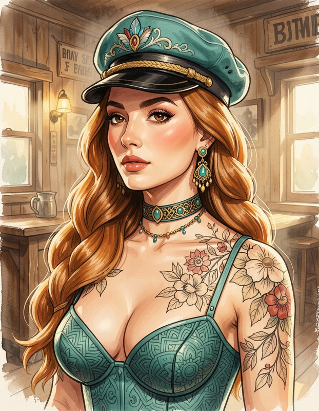 Illustrated woman with floral tattoos wearing a teal captain cap inside a vintage wooden saloon