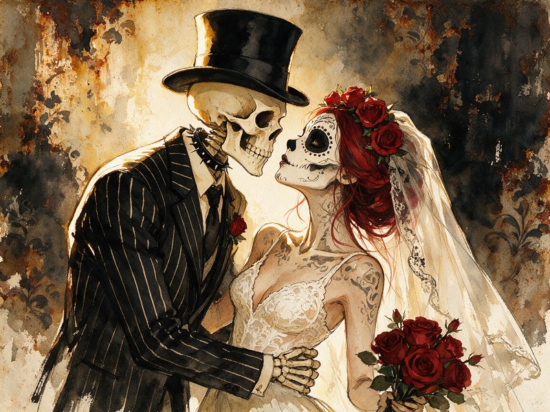 Skeleton groom in a top hat and sugar skull bride lean in to share a tender wedding embrace