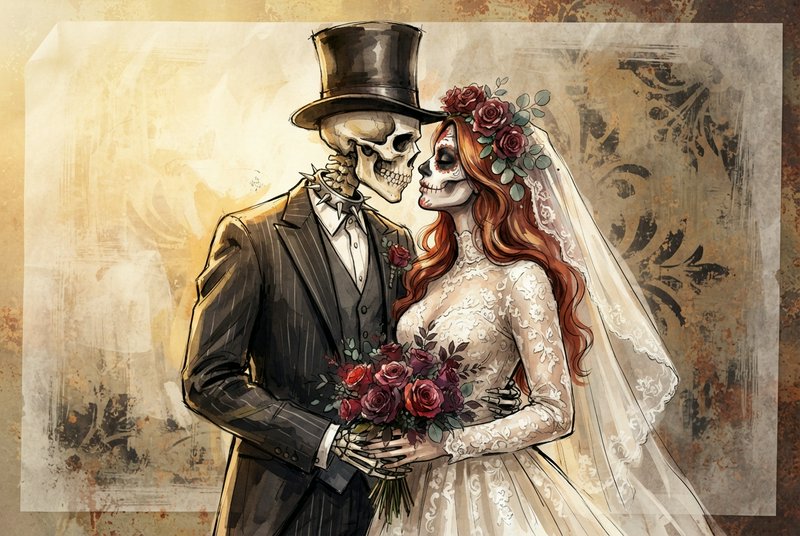 Skeleton groom and Day of the Dead bride pose intimately together in full wedding attire holding a red rose bouquet