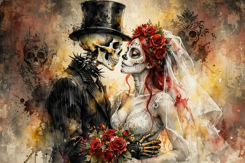 Skeleton Day of the Dead bride and groom pose intimately nose to nose in wedding attire