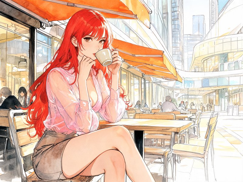 Long red-haired anime woman drinks coffee at a sunny downtown outdoor cafe