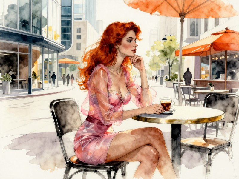 Stylish red-haired woman sits at a sunny outdoor city cafe with a coffee cup, rendered in soft watercolor.