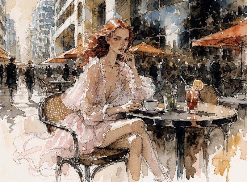 Red-haired woman in a ruffled pink dress sits at a busy outdoor city cafe table.