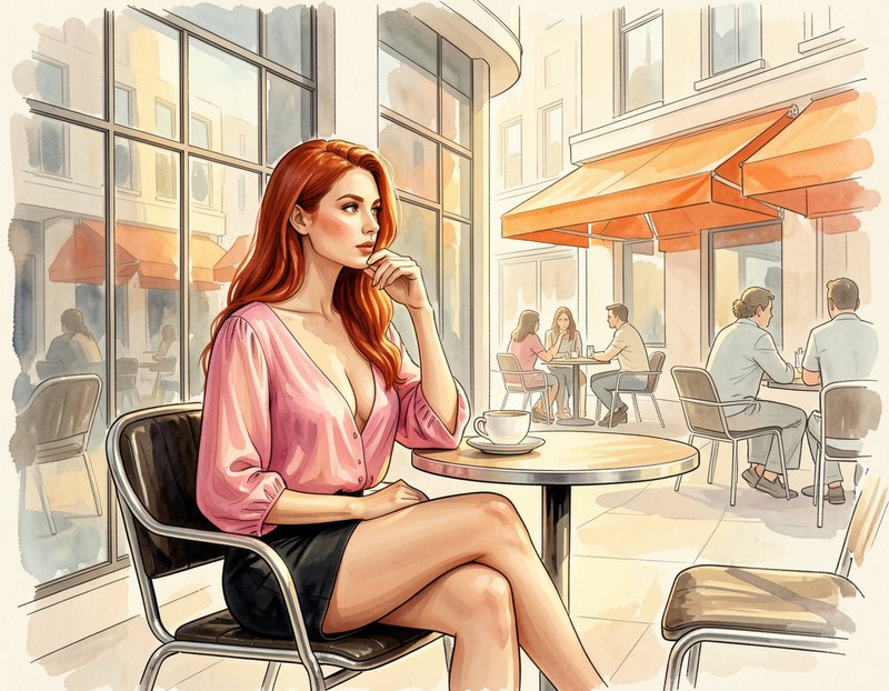 Pensive red-haired woman sits at a sunlit city sidewalk cafe table with a coffee cup