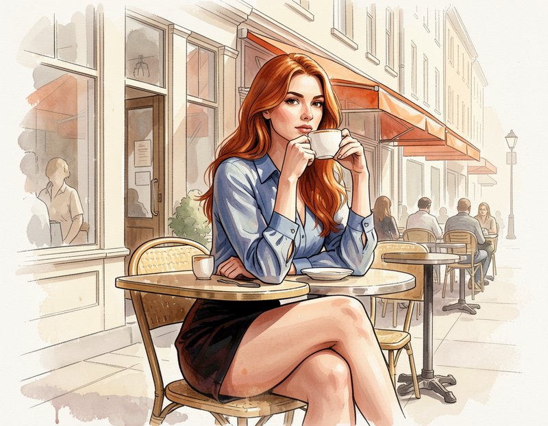 Red-haired woman sips coffee while seated at a sunlit outdoor European sidewalk cafe