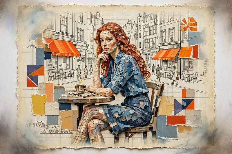 Mosaic art portrait of a red-haired woman sitting at a European sidewalk cafe with a coffee cup