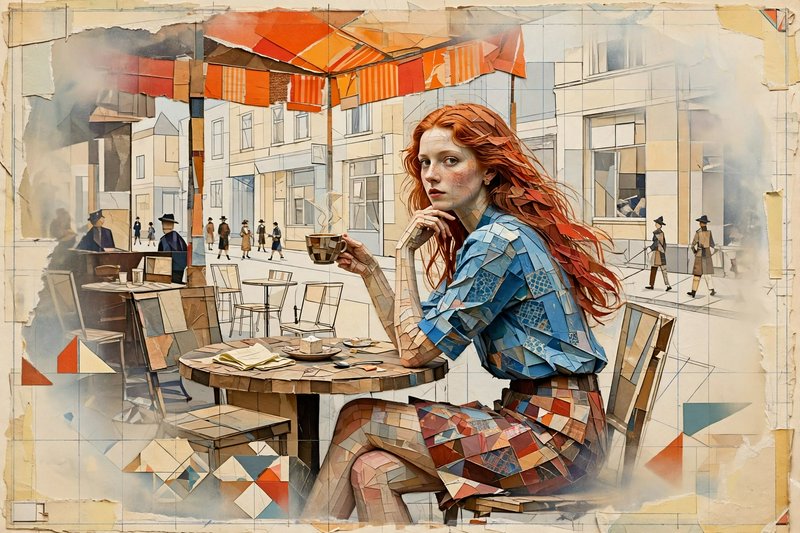 Cubist patchwork portrait of a red-haired woman holding a coffee cup at an outdoor city cafe