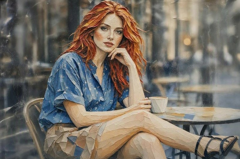 Textured impasto portrait of a red-haired woman sitting at an outdoor cafe with a coffee cup