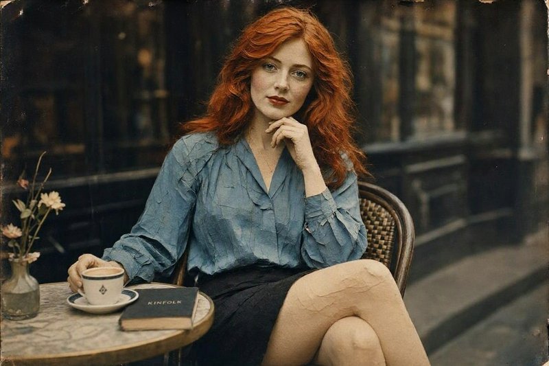 Woman with long wavy red hair sits at a vintage outdoor cafe table holding a coffee cup