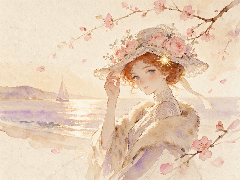 Soft watercolor portrait of an Edwardian woman in a floral hat beside a cherry blossom coast at sunset