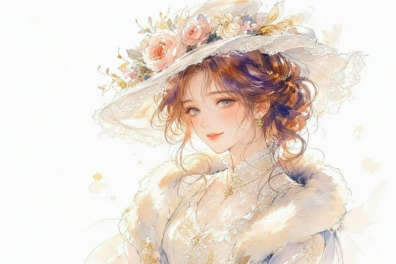 Soft watercolor portrait of an elegant vintage lady in a flower-trimmed lace wide brim hat