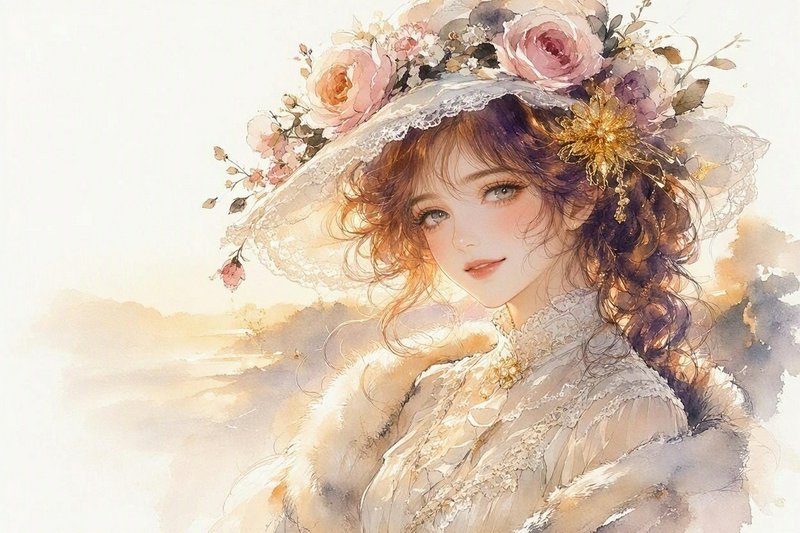 Soft watercolor portrait of an elegant vintage woman wearing a floral lace hat in golden hour light