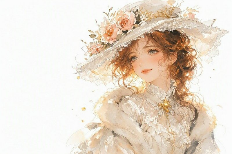 Soft watercolor portrait of an elegant vintage woman wearing an ornate floral lace wide brim hat