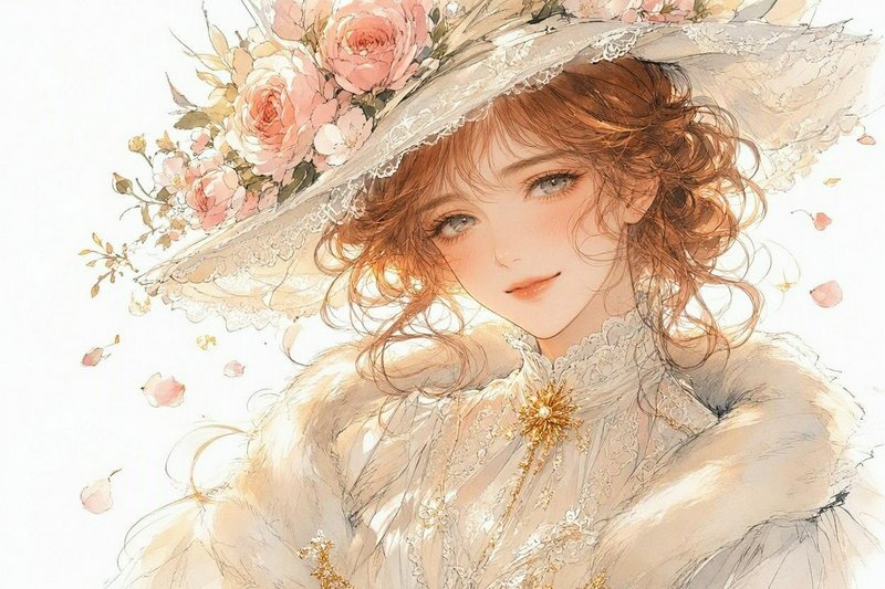 Soft watercolor portrait of an Edwardian woman wearing a floral lace wide-brim hat and fur stole
