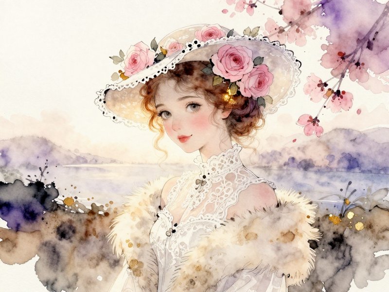 Watercolor portrait of an elegant Edwardian lady in a rose-adorned wide hat beside a misty lakeside