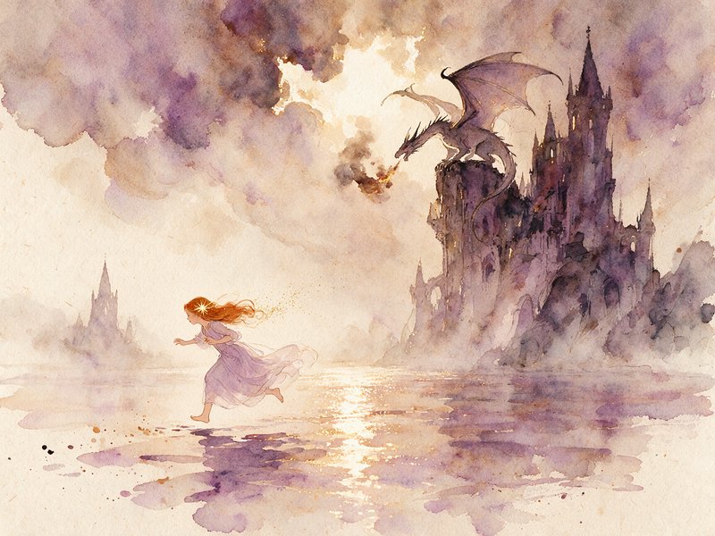 Red-haired princess runs across calm water away from a fire-breathing dragon perched on a cliffside fantasy castle