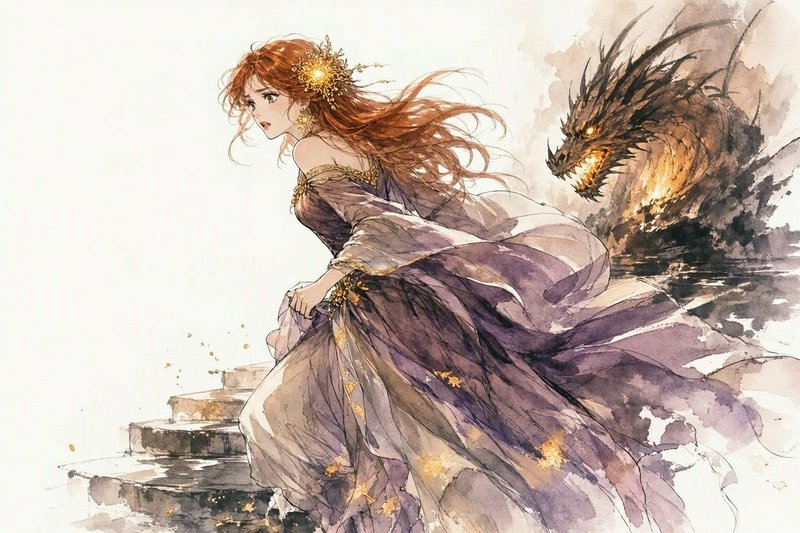 Red-haired princess in a flowing purple gown flees a menacing glowing dark dragon up stone steps
