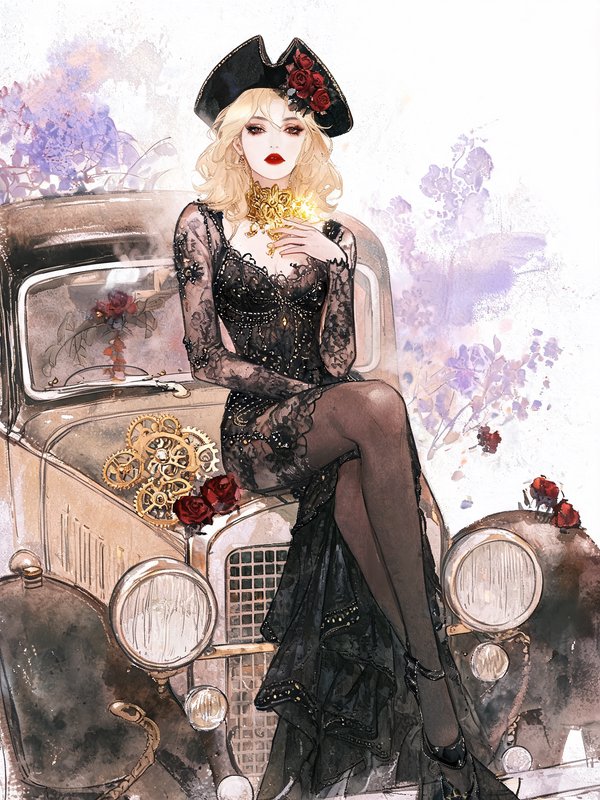 Glamorous blonde woman in a lace gown and rose trimmed hat sits on the hood of a vintage steampunk car