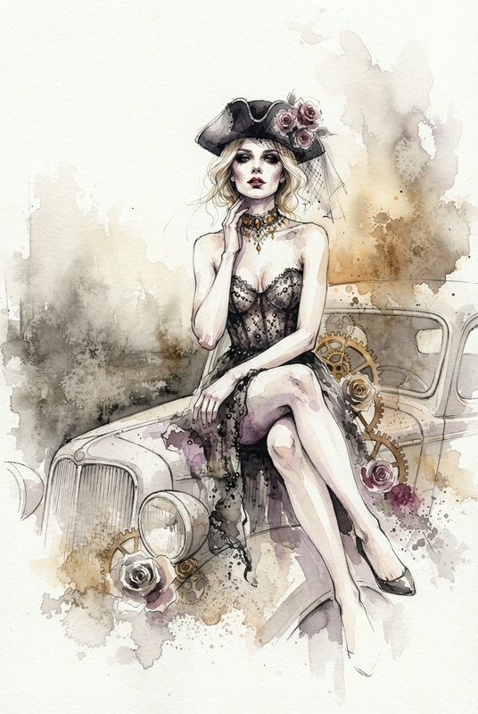 Elegant steampunk woman in a lace gown and floral hat seated on a vintage car in watercolor style