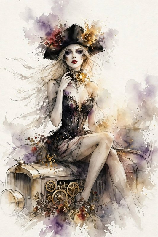Elegant steampunk woman in a floral top hat seated on a vintage brass antique car, watercolor portrait