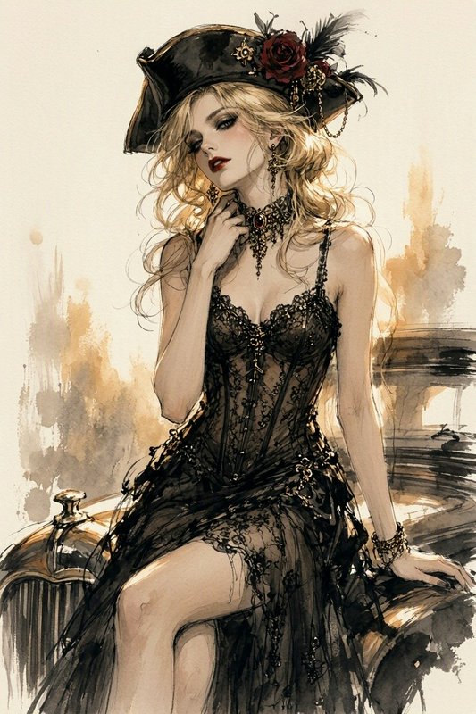 Glamorous blonde pirate woman in a tricorn hat and black lace gown seated on a vintage car, watercolor illustration