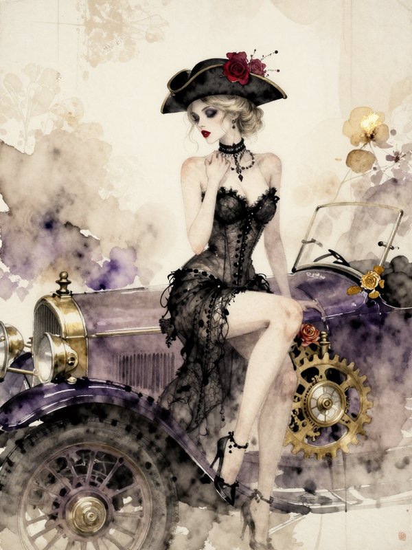 Steampunk woman in a lace corset and rose-trimmed hat perched on a purple vintage car, watercolor illustration