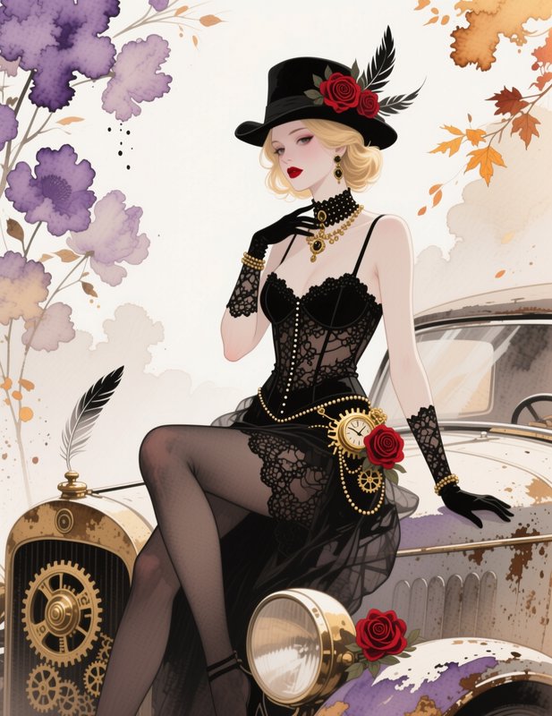 Elegant blonde steampunk woman in a rose-adorned top hat sits perched on a weathered vintage car