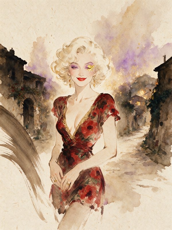 Glamorous curly blonde woman winks in a red floral dress against a rustic village street watercolor portrait