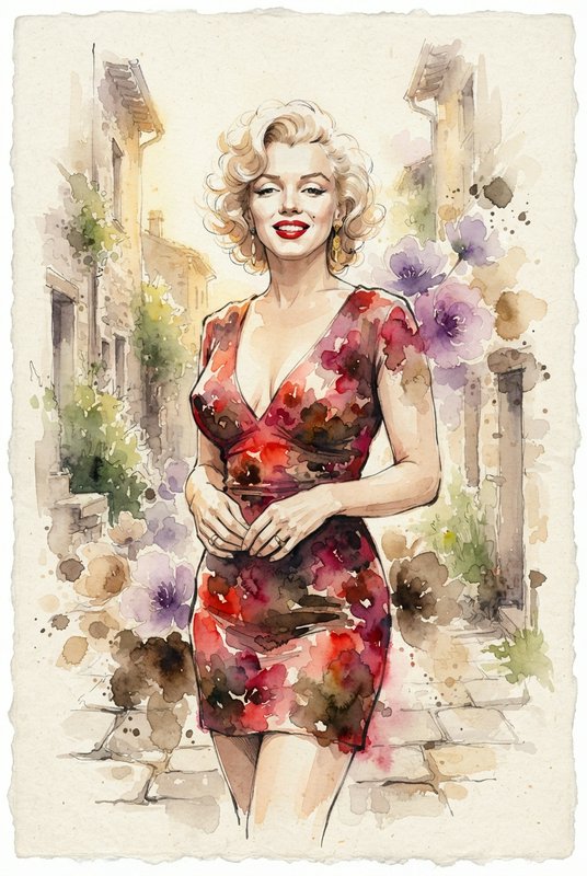 Watercolor portrait of Marilyn Monroe standing in a sunlit flower-lined cobblestone village alley
