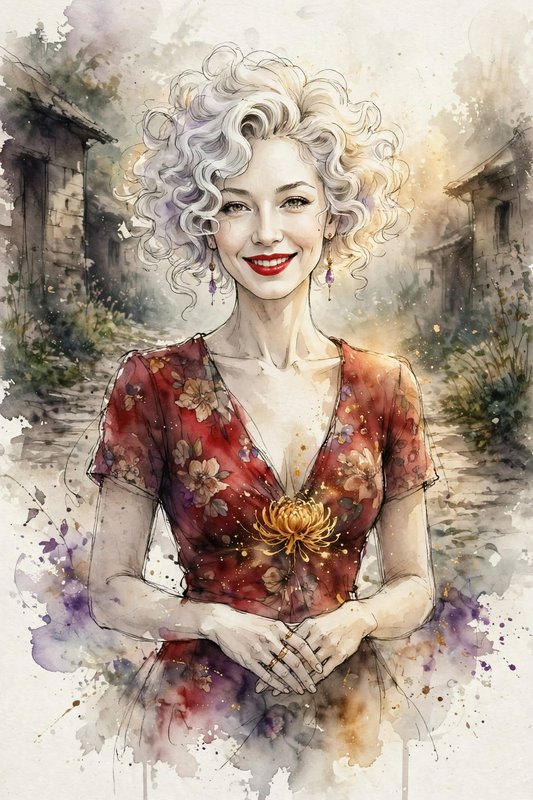 Soft watercolor portrait of a smiling mature woman with curly silver hair standing in a rustic village lane