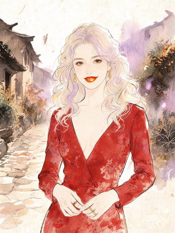 Elegant wavy blonde woman in a red floral dress standing in a historic cobblestone village alley